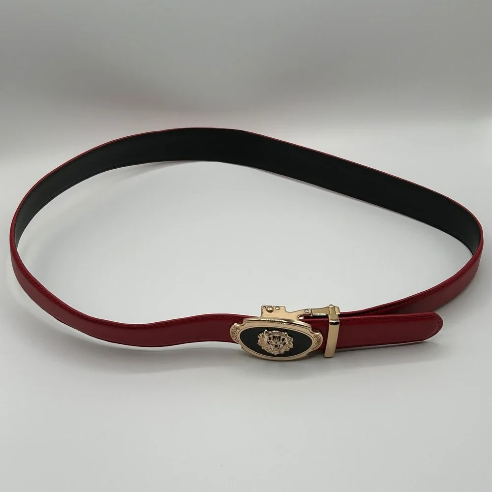 Mens Red Genuine Leather Automatic Ratchet Belt Gold Lion Head Buckle Luxury